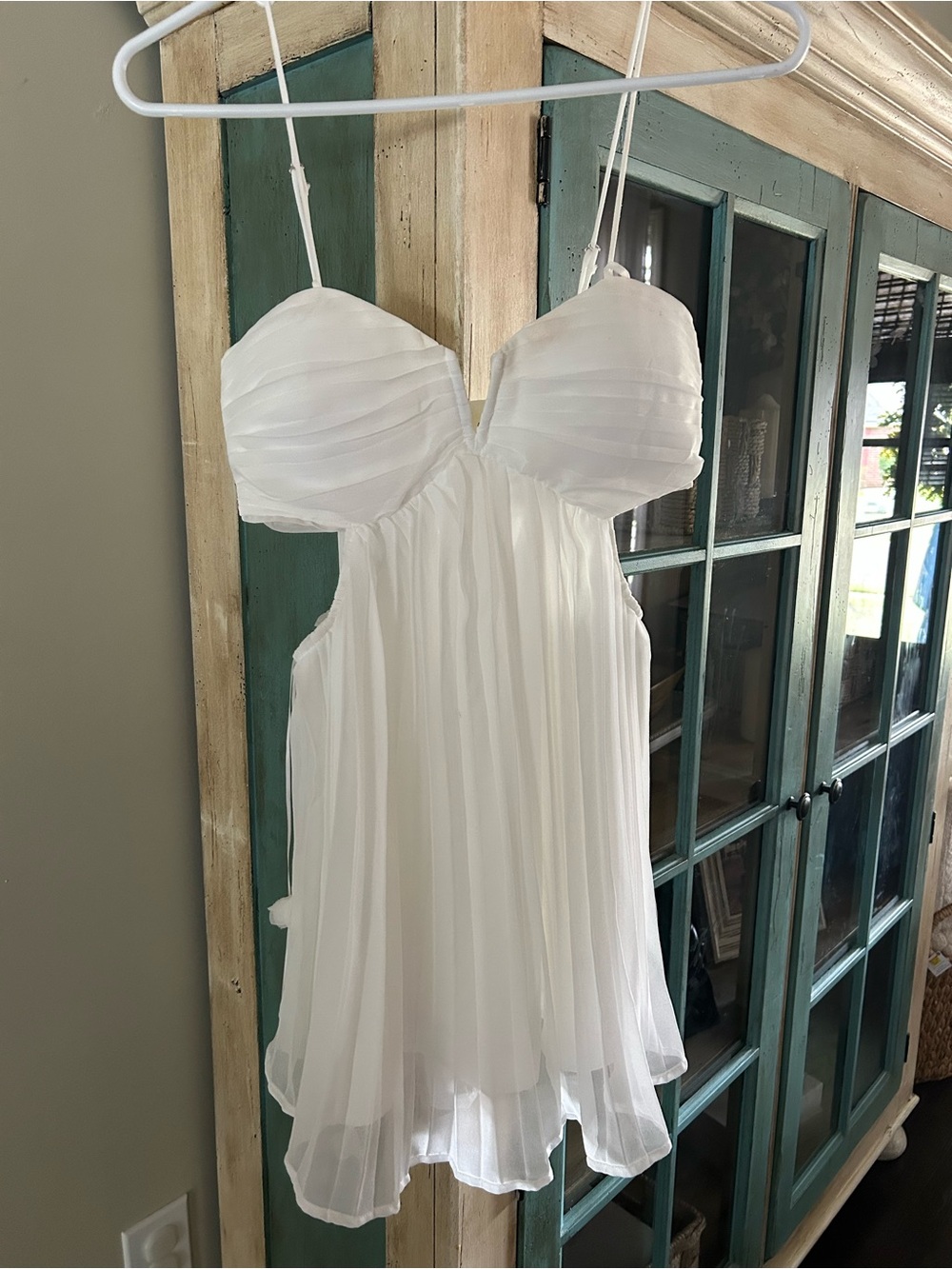 Altar'd State White Pleated Mini Dress with Spaghetti Straps